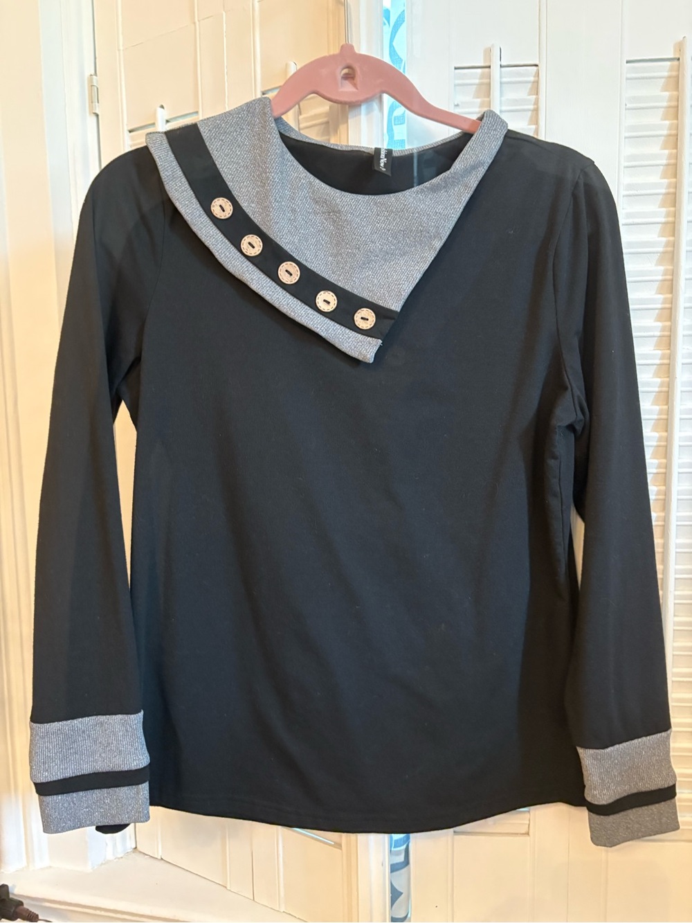 Black Top with Contrasting Grey Trim and Button Detail